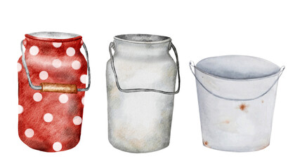 Milk cans watercolor set. Hand drawing on isolated white background of milk cans and buckets. Vessels for liquids in vintage style. For educational cards and design of natural farm products stores