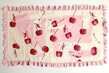 there is a pink and white blanket with cherries on it