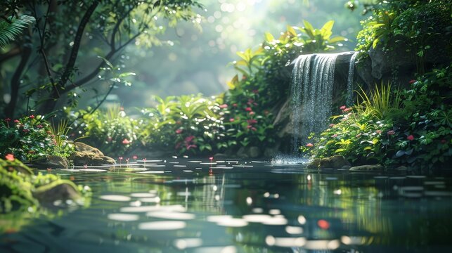 A mystical world where cascading waterfalls of light flow into serene, reflective pools. The minimalistic approach in this digital illustration captures the tranquility and surreal nature of the