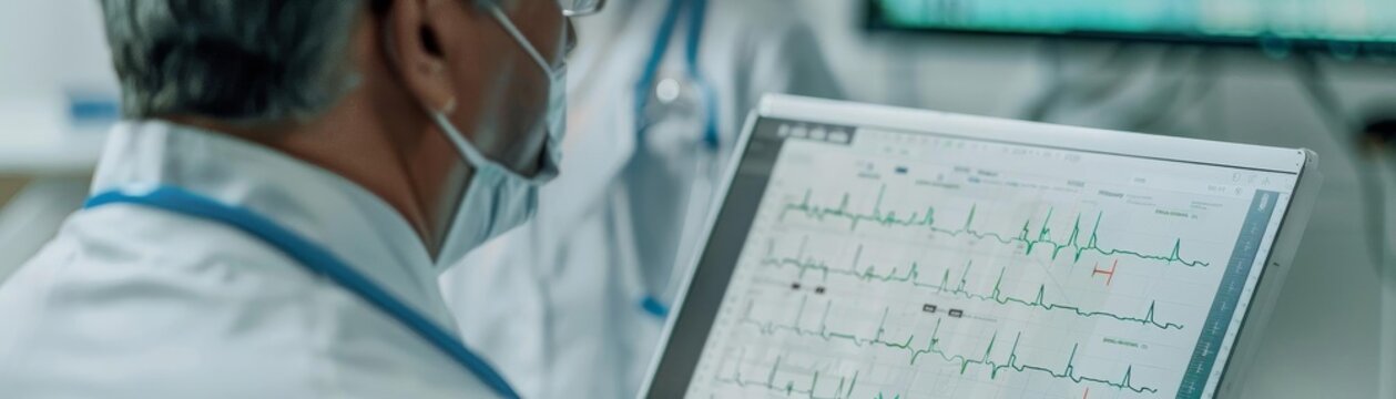 Cardiologist reviewing a patients EKG to diagnose potential heart diseases such as arrhythmias or ischemic heart disease