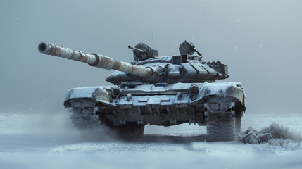 A tank on a winter battlefield stands in the snow during the day.