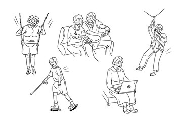 Happy eldering people doodle set. Vector outline sketchy drawings of grandpas and grandmas isolated on white background. Good for for coloring pages, stickers.