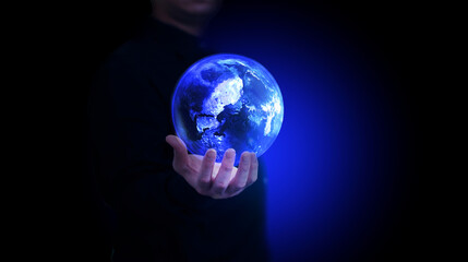 man hold digital global in dark for technology internaet world