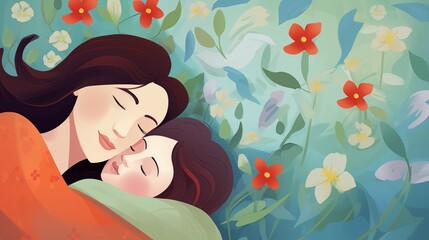 Mother and Child in a Loving Embrace with a Floral Background