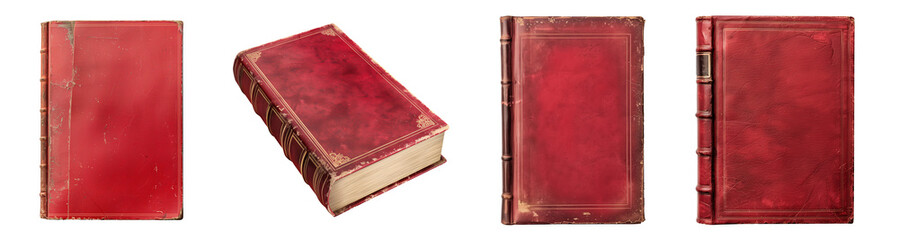 Mockup of isolated books with blank red cover on a transparent background. Set of 4 classic antique old books in front view and isometric view. Volume 2.