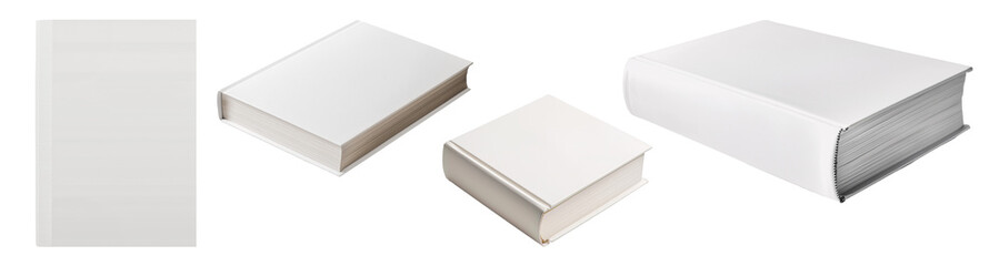 Mockup of isolated books with blank white cover on a transparent background. Set of 4 new modern books in side view and isometric view.