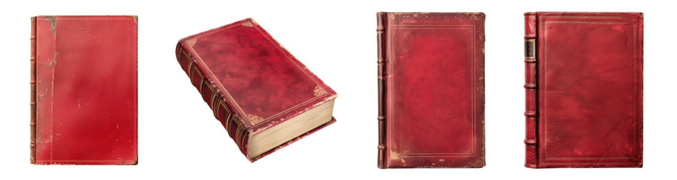 Mockup of isolated books with blank red cover on a transparent background. Set of 4 classic antique old books in front view and isometric view. Volume 2.