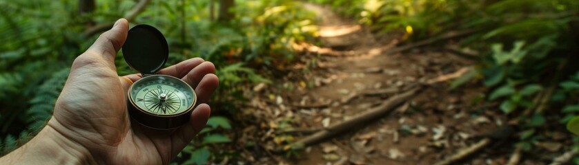 Obraz premium Hand holding a compass on a hiking trail, navigating through a dense forest