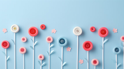 there are many paper flowers on a blue background with butterflies