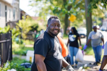 Naklejka premium Community leader organizing a neighborhood cleanup, mobilizing volunteers with enthusiasm and purpose