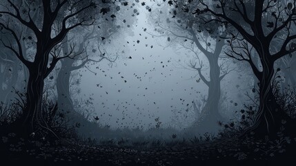 Obraz premium [flat 2d vector illustration of the forest scene, nature style, made of leaves, darker around edges, blacker background, darker background, no bloom, no glow, 