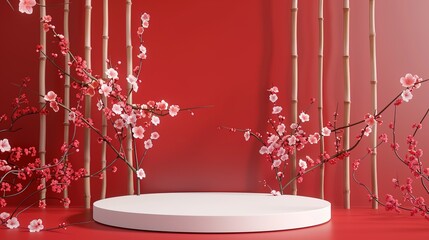 Minimalist 3D Rendering with White Circular Podium and Blooming Plum Blossoms on a  Red Background