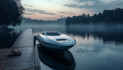 there is a boat that is sitting on the water near a dock - Powered by Adobe