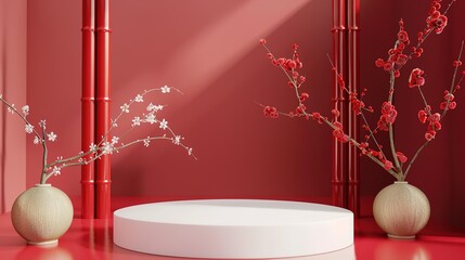 Minimalist 3D Rendering with White Circular Podium and Blooming Plum Blossoms on a  Red Background