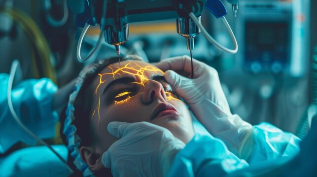 Person undergoing electroconvulsive therapy ECT for severe depression, under careful medical supervision