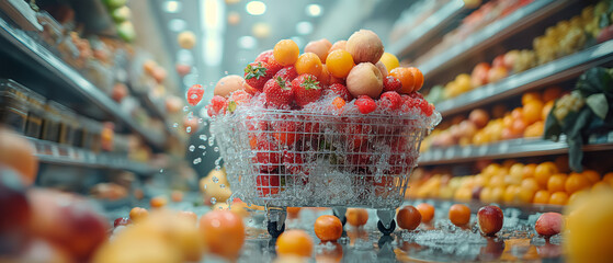 there is a shopping cart full of fruit in a store