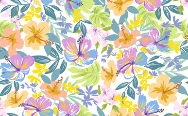 A colorful hand-drawn style seamless pattern of hibiscus and monstera with transparent background © Sawango