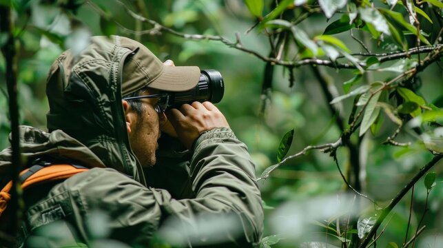 Behavioral ecologist observing bird behavior in their natural habitat, recording mating and nesting practices