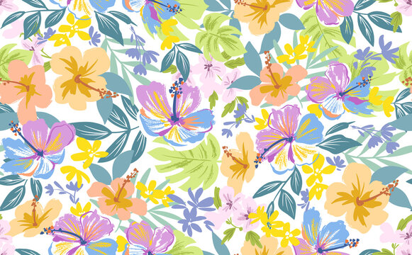 A colorful hand-drawn style seamless pattern of hibiscus and monstera with transparent background