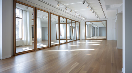 there is a room with a lot of mirrors and a wooden floor