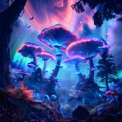 Fantasy Landscape with Glowing Giant Mushrooms