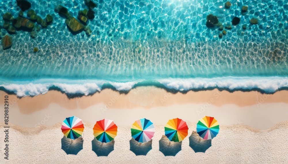 Wall mural aerial view of pride beach umbrellas lined up on a pristine sandy beach with clear turquoise waters  - Wall murals