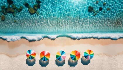 Naklejka premium Aerial view of pride beach umbrellas lined up on a pristine sandy beach with clear turquoise waters and gentle waves. LGBT celebration month.