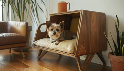 there is a small dog sitting in a wooden chair in a living room