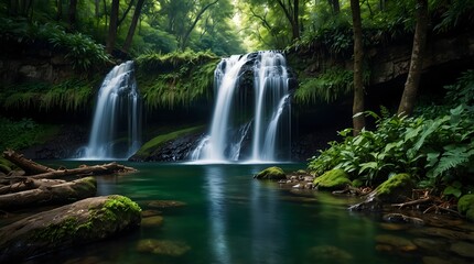 Fototapeta premium The serene beauty of a cascading waterfall hidden deep within a lush, emerald forest ai_generated