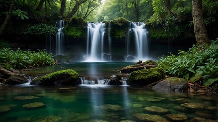Fototapeta premium The serene beauty of a cascading waterfall hidden deep within a lush, emerald forest ai_generated