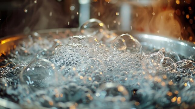 Craft an image of bubbles forming in a boiling pot of water