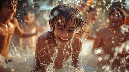 Obraz premium Craft an image of friends splashing each other in a playful water fight