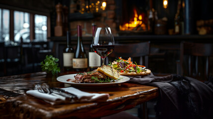 there is a plate of food and a glass of wine on a table