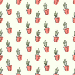 Seamless vector pattern with cactus in pot. Isolated on a white background. For paper, fabric, fashion, clothes. Hand drawn doodle illustration