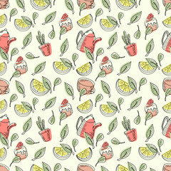 Seamless pattern with tea pots, cups, mugs lemon and leaf. Hand drawn cartoon dishes. Tea party. Vector illustration.