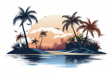 there is a sunset scene with palm trees and a beach