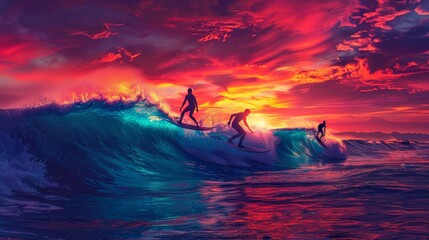 Craft an image of surfers riding majestic waves at sunset