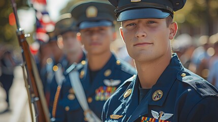 Obraz premium Parades: Processions featuring military bands, veterans in uniform, and community groups waving flags. 