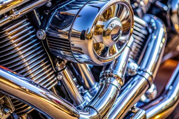 A close-up shot of a chrome-plated motorcycle engine block, with gleaming metal surfaces reflecting light, emphasizing precision and craftsmanship.