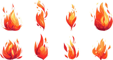 Set of cartoon fire and flames isolated on white background, vector illustration design
