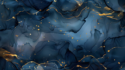 Alcohol ink background with golden path design elements, dark blue luxury hand painted artwork. Generative AI.