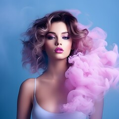 Naklejka premium Young woman surrounded by a purple pink cloud of smoke. Generative AI.