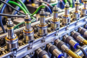 A close-up of the fuel injectors and fuel rail, showing the precision nozzles, wiring, and the mechanisms that deliver fuel into the combustion chamber