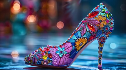 LGBTQA+ , LGBT :  Vibrant Drag Queen's High-Heel Shoe Centerstage - Photorealistic Canon EOS K5 Shot with Hyperreal Details