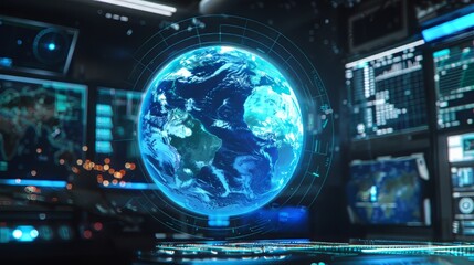 Obraz premium 3D rendering of a futuristic control room. In the center of the room is a large, blue, 3D rendering of the Earth.