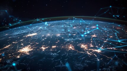 beautiful view of planet Earth from space with a glowing blue network of connections.
