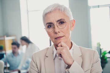 Photo of thoughtful business lady expert touch chin fingers think in modern office