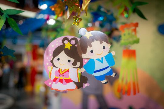 Star festival or Tanabata hanging decoration in Japan. Hikoboshi and orihime