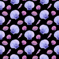 Marine seamless pattern animals, plants, seashell, mollusk, shells. Watercolor illustration Underwater background On black. Summer vibes, Sea bottom. For fabric, wrapping paper, wallpaper print decor