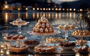 A table filled with various desserts set up next to a body of water